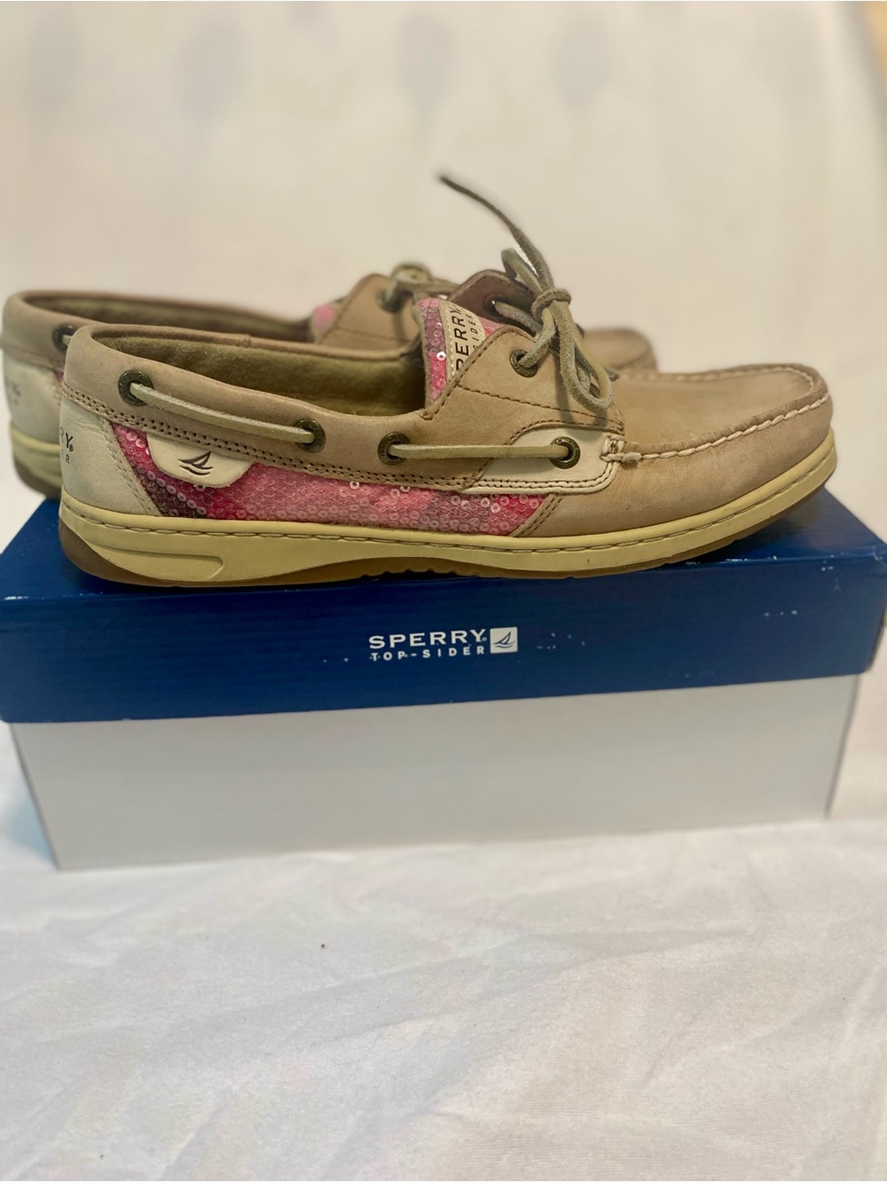 Sperry Bluefish Linen Rose Plaid Sequin Tan & Pink Leather Sequin Boat Shoes 9